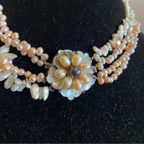 Freshwater Pearl Multistrand Necklace Abalone Shell Flower Clasp Sterling Silver - Picture 11 of 16